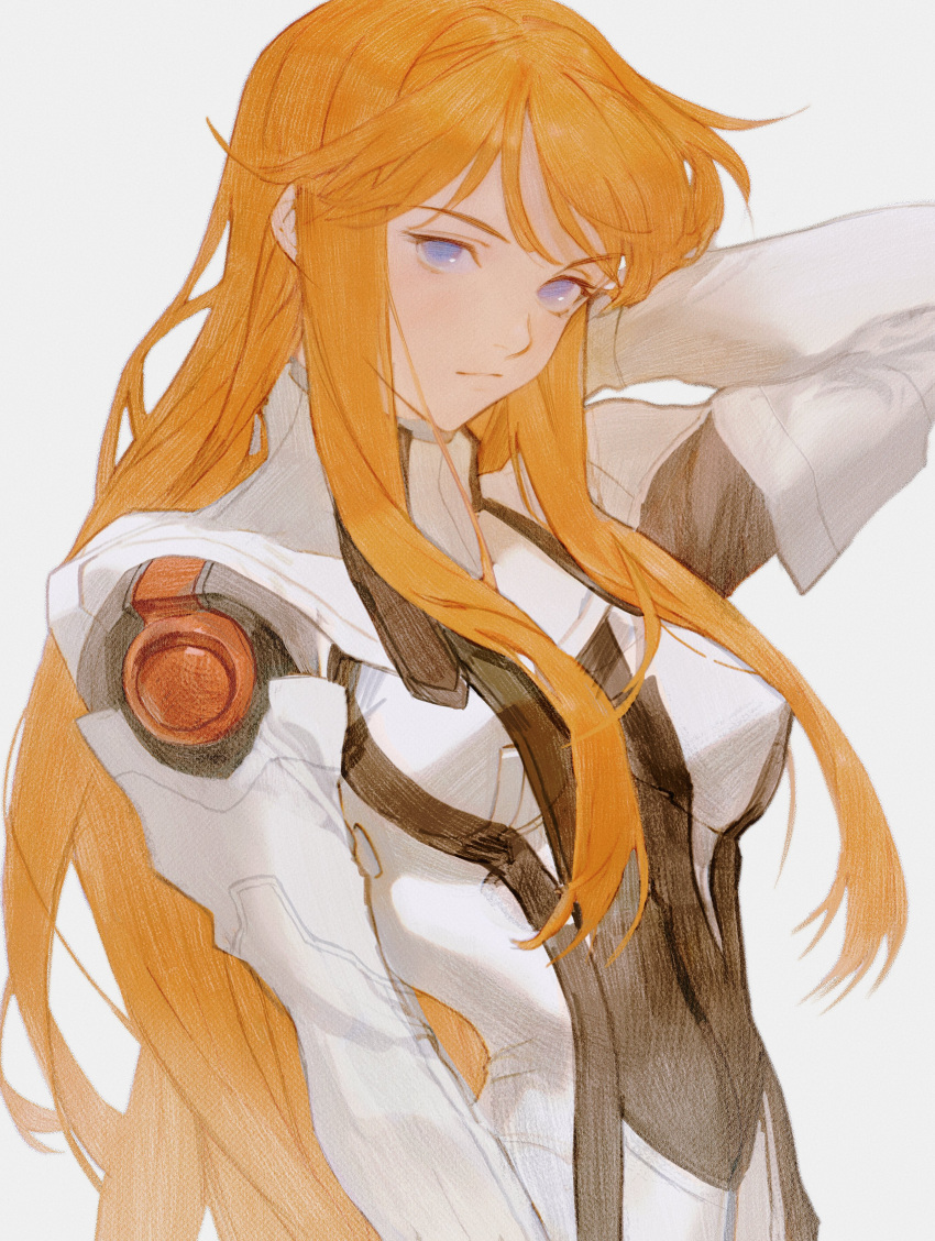 1girl absurdres arm_behind_head blue_eyes bodysuit breasts closed_mouth detached_sleeves elhaym_van_houten from_side highres light_smile long_hair long_sleeves looking_at_viewer nagamerin one_eye_closed orange_hair sidelocks simple_background solo tongue tongue_out uniform upper_body white_background xenogears