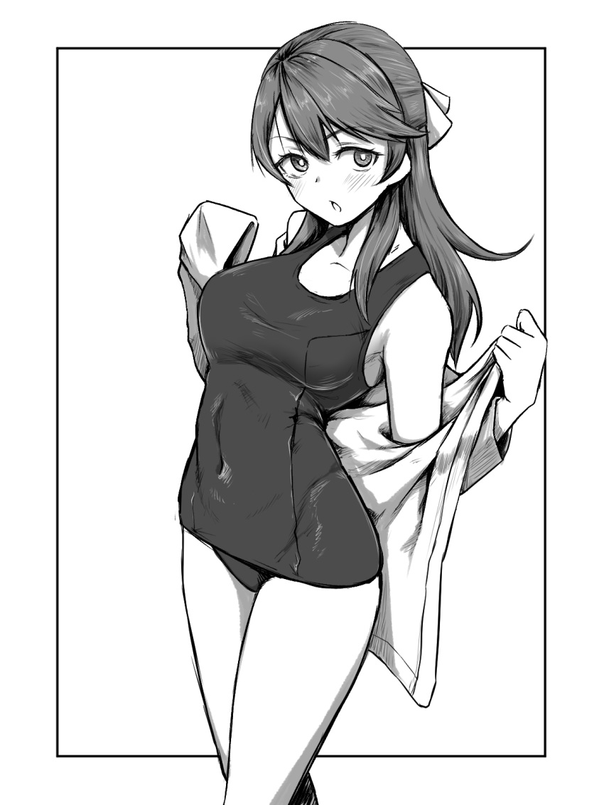 1girl black_border blush border bow brave_witches breasts covered_navel greyscale hair_bow highres jacket jacket_over_swimsuit karibuchi_takami liar_lawyer long_hair looking_at_viewer medium_breasts monochrome open_mouth outside_border removing_jacket school_swimsuit sleeves_past_wrists solo swimsuit world_witches_series
