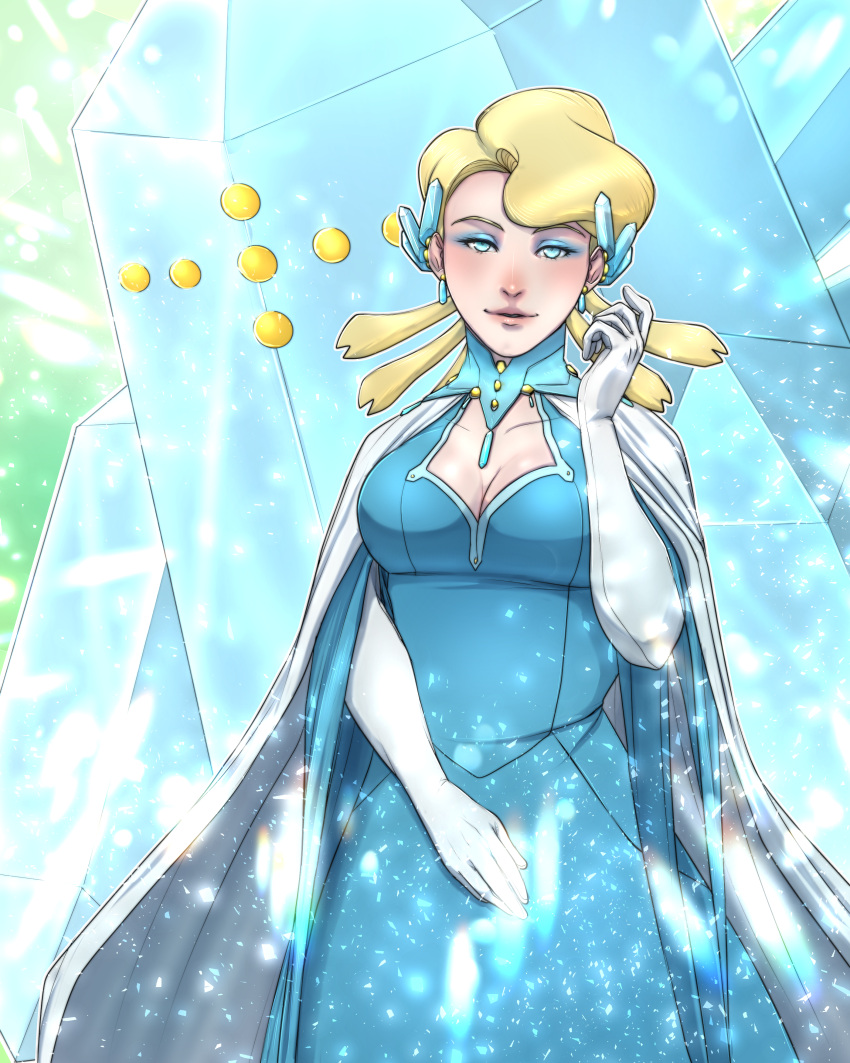 1girl absurdres blonde_hair blue_choker blue_dress blue_eyes blue_eyeshadow breasts cape choker cleavage collarbone dress earrings elbow_gloves eyeshadow glacia_(pokemon) gloves hair_ornament highres jewelry large_breasts makeup pokemon pokemon_oras regice tagme tmwolf93 upper_body white_cape white_gloves