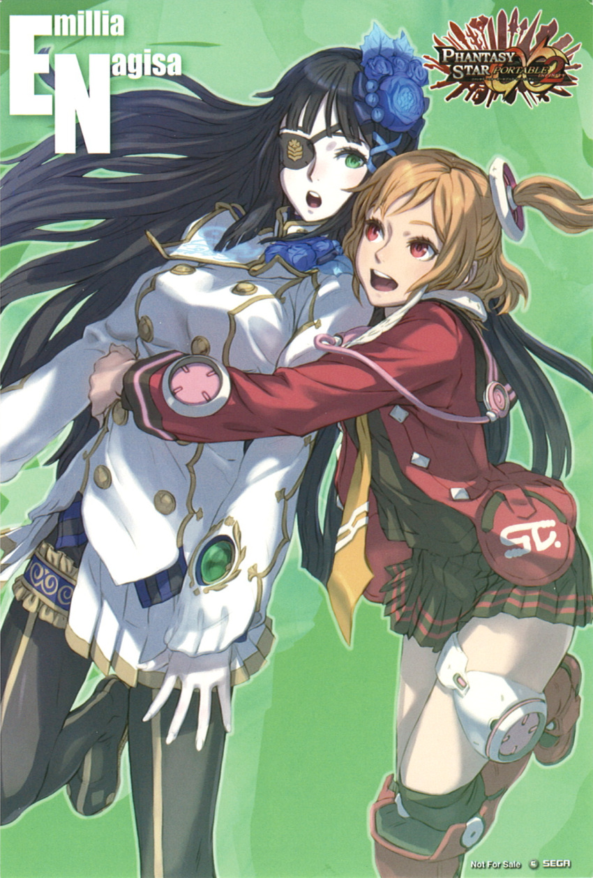 2girls :d :o black_hair blonde_hair character_name company_name copyright_name emilia_percival eyepatch flower green_background green_eyes hair_flower hair_ornament hair_ribbon highres hug jacket kneehighs leg_up logo long_hair looking_at_another medium_hair multiple_girls nagisa_(psp2i) necktie non-web_source not_for_sale official_art one_side_up open_mouth pale_skin pantyhose phantasy_star phantasy_star_portable_2 phantasy_star_portable_2_infinity pleated_skirt red_eyes red_jacket ribbon scan scan_artifacts sidelocks skirt smile socks teeth thigh_strap upper_teeth_only yellow_necktie