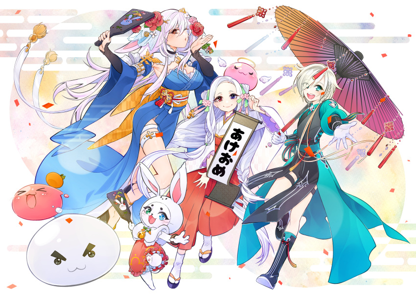 1boy 3girls :d absurdres adapted_costume angeling animal_ears animal_hands animal_hood armpits barefoot black_footwear black_shorts black_vest blue_eyes blue_kimono blue_sleeves blush boots braid breasts cardinal_(ragnarok_online) cat_girl closed_mouth coat coattails commentary_request cone_hair_bun cross detached_sleeves double_bun eclipse_(ragnarok_online) egasumi eyes_visible_through_hair flat_chest floppy_ears flower food fruit full_body furry furry_female green_coat green_eyes grey_hair hagoita hair_between_eyes hair_bun hair_flower hair_ornament hair_over_one_eye hakama hakama_skirt halo heterochromia highres holding holding_paddle holding_scroll hood japanese_clothes juliet_sleeves kimono large_breasts long_bangs long_hair long_sleeves looking_at_viewer low_twin_braids lunatic_(ragnarok_online) mandarin_orange miko multiple_girls new_year noxxia39 obi oil-paper_umbrella one_eye_closed open_mouth oscar_(ragnarok_online) paddle pink_flower pink_hair pope_(ragnarok_online) poring puffy_long_sleeves puffy_sleeves purple_eyes purple_umbrella rabbit_ears rabbit_hood ragnarok_online reaching reaching_towards_viewer red_eyes red_flower red_skirt round_teeth sandals sash scroll short_hair shorts side_braid single_braid skirt slime_(creature) smile summoner_(ragnarok_online) tabi teeth thigh_strap twin_braids umbrella upper_teeth_only veil very_long_hair vest white_flower white_hair white_kimono wide_sleeves yagasuri yellow_sash zouri