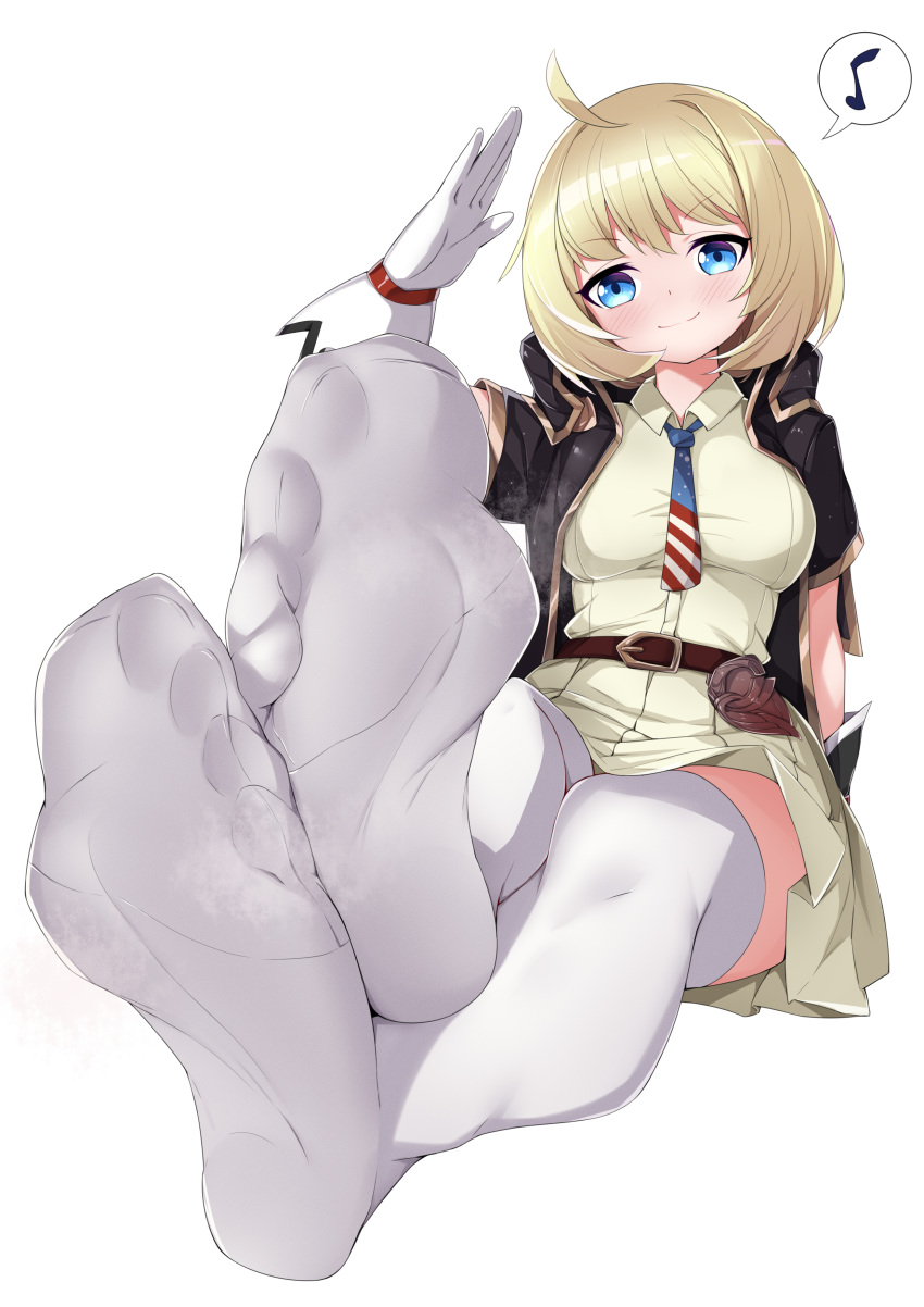 1girl absurdres ahoge american_flag american_flag_print belt black_jacket blonde_hair blue_eyes blush breasts chashuwu closed_mouth collared_shirt commentary feet flag_print foot_focus full_body girls'_frontline gloves highres holster jacket large_breasts legs looking_at_viewer m1911_(girls'_frontline) musical_note necktie no_shoes pleated_skirt print_necktie salute shirt short_hair short_sleeves simple_background sitting skirt smell smile soles solo spoken_musical_note steaming_body thighhighs toes variant_set white_background white_gloves white_shirt white_skirt white_thighhighs