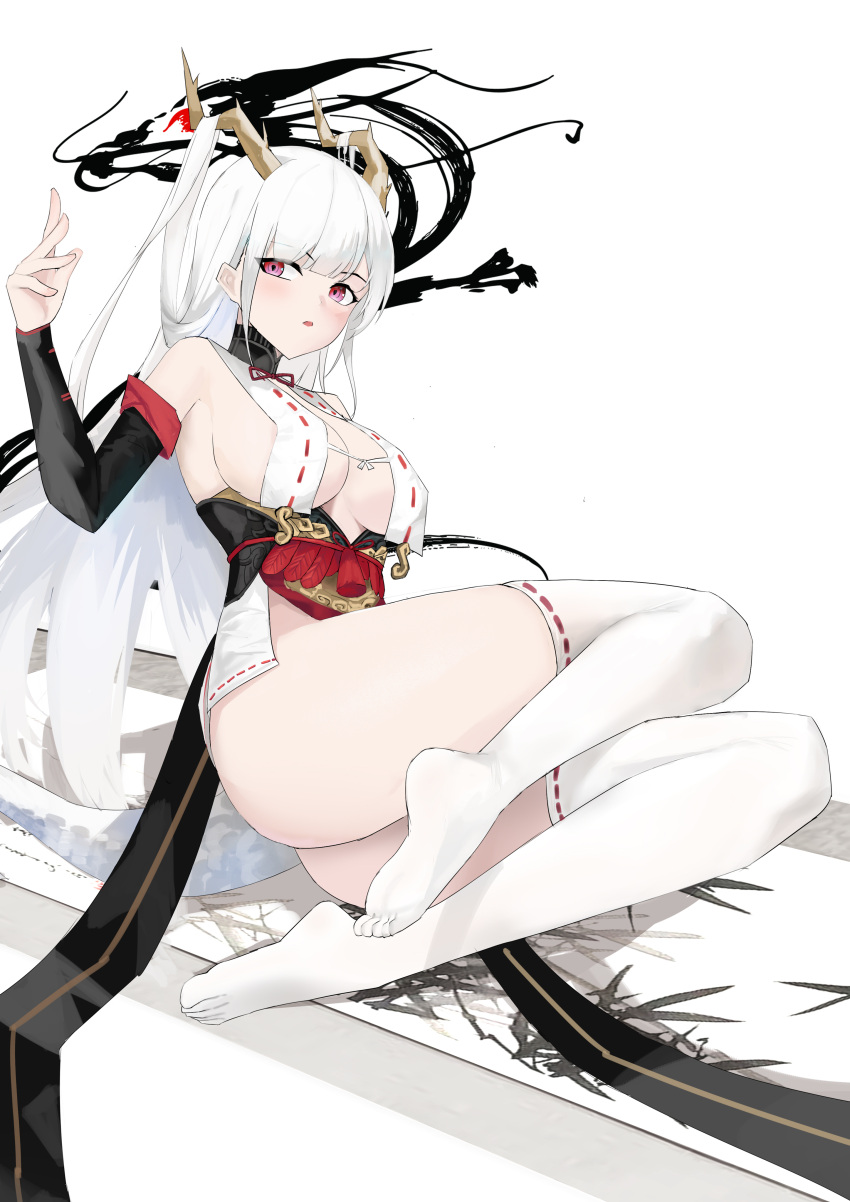 1girl absurdres azur_lane bare_shoulders breasts center_opening detached_sleeves dragon_horns dragon_tail full_body hair_on_horn highres horns japanese_clothes long_hair medium_breasts purple_eyes revealing_clothes ribbon-trimmed_legwear ribbon_trim shimanto_(azur_lane) simple_background solo suo_bu_ye_feng tail thighhighs very_long_hair white_background white_hair white_tail white_thighhighs