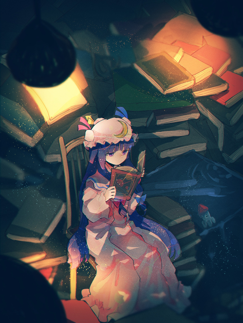 1girl book book_stack bun_cover capelet chair crescent crescent_hair_ornament crescent_hat_ornament double_bun dress feet_out_of_frame frilled_robe full_body hair_bun hair_ornament hat hat_ornament hat_ribbon highres holding holding_book itomugi-kun library long_hair long_sleeves mob_cap on_chair open_book patchouli_knowledge pink_capelet pink_dress pink_headwear pink_robe purple_eyes purple_hair reading ribbon robe sidelocks sitting solo touhou wide_sleeves