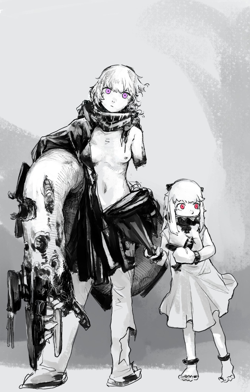 2girls abyssal_ship aircraft amputee barefoot breasts closed_mouth dress greyscale highres holding_own_tail horns injury kantai_collection monochrome multiple_girls navel nipples northern_ocean_princess pazuu pink_eyes re-class_battleship red_eyes scarf short_hair simple_background sketch small_breasts standing tail torn_clothes turret