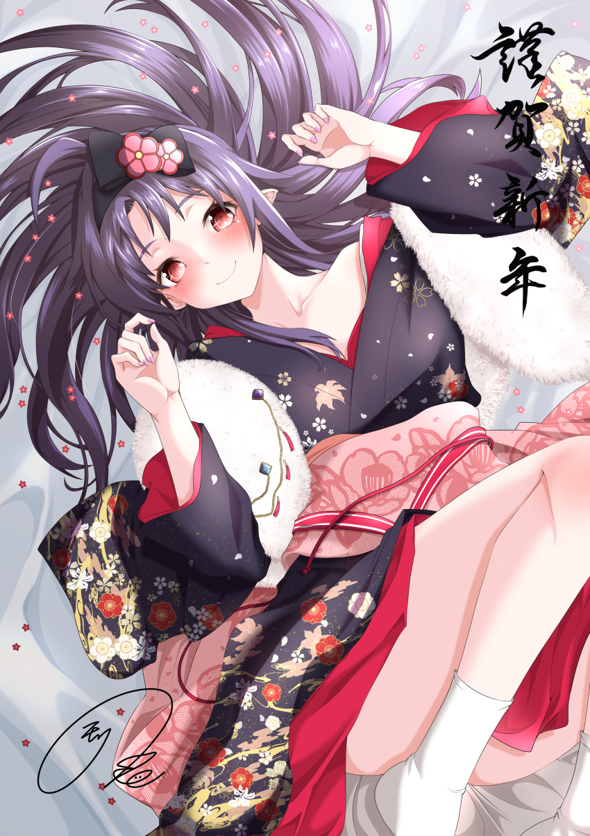 1girl absurdres closed_mouth collarbone floral_print highres japanese_clothes kimono long_hair long_sleeves looking_at_viewer lying maximum7010 new_year obi on_back pointy_ears purple_hair purple_kimono purple_nails red_eyes sash smile socks solo sword_art_online white_socks yuuki_(sao)