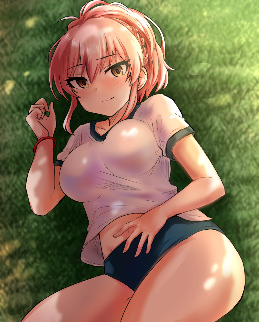 1girl absurdres blue_buruma blue_trim blush bracelet breasts buruma closed_mouth collarbone dappled_sunlight dot_nose from_above gym_shirt hair_between_eyes hand_up highres idolmaster idolmaster_cinderella_girls idolmaster_cinderella_girls_starlight_stage jewelry jougasaki_mika koubashiifuna long_hair looking_at_viewer lying medium_breasts midriff midriff_peek navel on_back on_grass outdoors pink_hair ponytail shirt short_sleeves shy smile solo sunlight white_shirt yellow_eyes