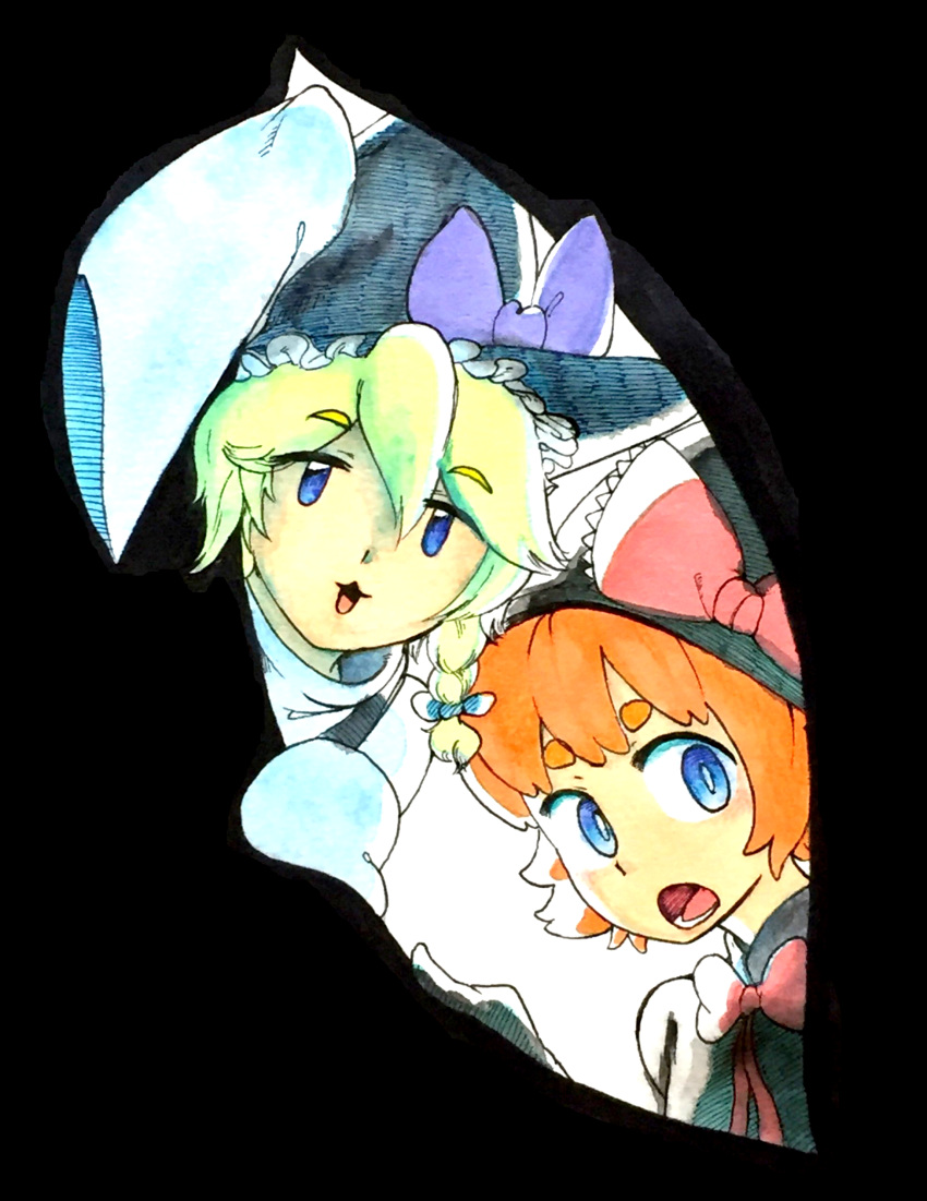 2girls absurdres black_gloves black_headwear blonde_hair blue_eyes bow bowtie braid bright_pupils commentary_request cookie_(touhou) gap_(touhou) gloves hat hat_bow highres kirisame_marisa looking_at_viewer lower_teeth_only medium_bangs meguru_(cookie) multiple_girls open_mouth parupunte_(nicoseiga51964270) purple_bow red_bow red_bowtie shirt short_hair side_braid single_braid sleeves_past_fingers sleeves_past_wrists teeth thick_eyebrows touhou upper_body white_pupils white_shirt witch_hat yuuhi_(cookie)