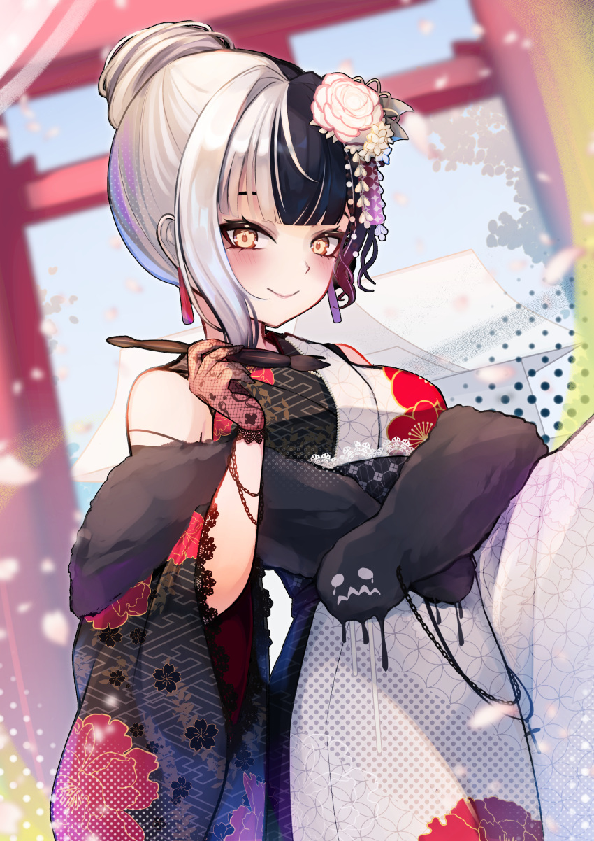 1girl absurdres blush flower gloves hair_bun hair_flower hair_ornament highres holding_calligraphy_brush hololive hololive_english hoshino_aoi_(la_huynh_hai_than) japanese_clothes kimono lace-trimmed_gloves lace_trim looking_at_viewer medium_hair multicolored_hair official_alternate_costume shiori_novella shiori_novella_(new_year) single_hair_bun sleeveless sleeveless_kimono smile solo split-color_hair two-tone_kimono virtual_youtuber yellow_eyes yorick_(shiori_novella)