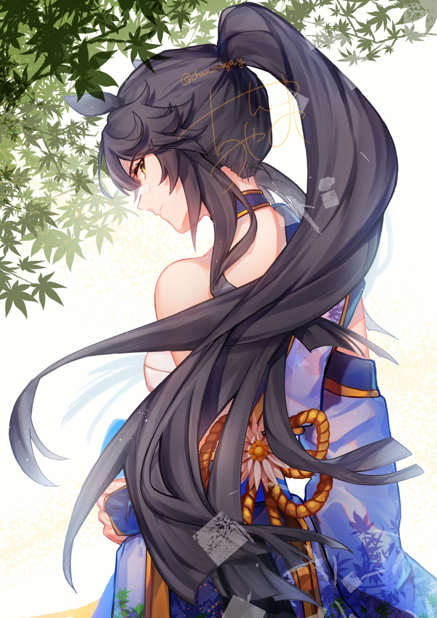 1girl absurdres animal_ears arm_at_side asymmetrical_sleeves bandaid bandaid_on_face bandaid_on_nose black_hair breasts chan_maya chest_sarashi choker closed_mouth detached_sleeves from_behind hadanugi_dousa hand_on_own_hip highres horse_ears japanese_clothes kimono long_hair looking_at_viewer looking_back maple_tree mismatched_sleeves narita_brian_(heavenly_laughter_kaburaya)_(umamusume) narita_brian_(umamusume) obi ponytail purple_kimono rope sarashi sash signature single_bare_shoulder sleeveless small_breasts solo tree twitter_username umamusume upper_body watermark white_background yellow_eyes