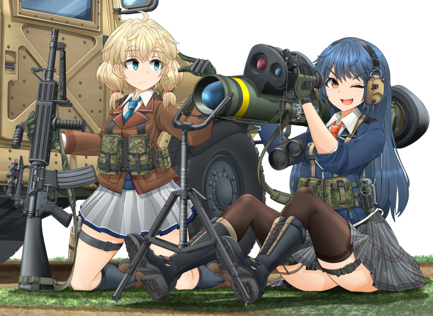 2girls absurdres anti-tank_missile assault_rifle black_footwear black_socks black_thighhighs blazer blonde_hair blue_eyes blue_hair blue_necktie blue_sweater boots brown_footwear brown_jacket closed_mouth combat_boots commentary_request cross-laced_footwear dress_shirt explosive frown grenade grey_skirt gun hair_tie harness headphones highres holding holding_weapon hummer jacket kneehighs kneeling lace-up_boots long_hair long_sleeves looking_at_another looking_at_viewer low_twintails m16 m47_dragon medium_hair mikeran_(mikelan) miniskirt motor_vehicle multiple_girls necktie on_ground on_shoulder one_eye_closed open_mouth orange_eyes original plaid plaid_skirt pleated_skirt pointing red_necktie rifle school_uniform shadow shirt shoes sitting skirt sleeves_rolled_up smile socks sweater thigh_strap thighhighs tripod twintails v-neck weapon white_background white_shirt wing_collar