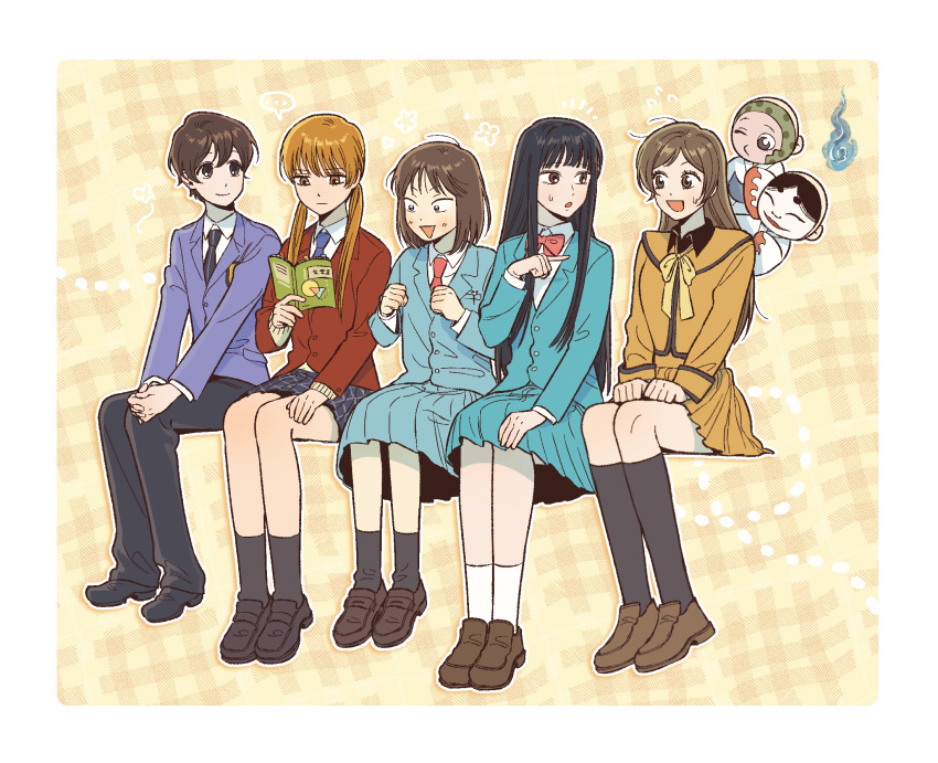 1boy 6+girls black_footwear black_hair black_necktie blazer blue_fire blue_jacket blue_necktie blue_skirt bob_cut book bow bowtie brown_eyes brown_footwear brown_hair crossdressing crossover expressionless fire from_side fujioka_haruhi full_body gatan666 grey_pants grey_socks hair_over_shoulder hand_up hands_up highres hitodama holding holding_book invisible_chair iwakura_mitsumi jacket japanese_clothes kamisama_hajimemashita kimi_ni_todoke kimono kneehighs korean_commentary kotetsu_(kamisama_hajimemashita) kuronuma_sawako loafers long_hair long_sleeves looking_at_another looking_down looking_to_the_side low_twintails miniskirt mizutani_shizuku momozono_nanami multiple_crossover multiple_girls necktie nervous one_eye_closed onikiri_(kamisama_hajimemashita) open_book orange_hair ouran_high_school_host_club ouran_high_school_uniform own_hands_together pants pleated_skirt pointing pointing_at_another reading red_bow red_bowtie red_jacket reverse_trap school_uniform shoes short_hair side-by-side sitting skip_to_loafer skirt socks straight_hair sweatdrop tonari_no_kaibutsu-kun trait_connection twintails yellow_bow yellow_bowtie yellow_jacket yellow_skirt