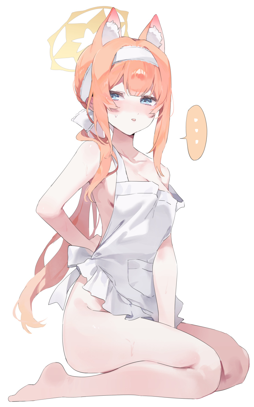 ... 1girl absurdres animal_ear_fluff animal_ears arm_behind_back bare_legs barefoot blue_archive blush breasts collarbone extra_ears fox_ears hairband halo highres looking_at_viewer mari_(blue_archive) meunhongcha naked_towel orange_hair ponytail seiza simple_background sitting small_breasts solo spoken_ellipsis towel white_background white_hairband