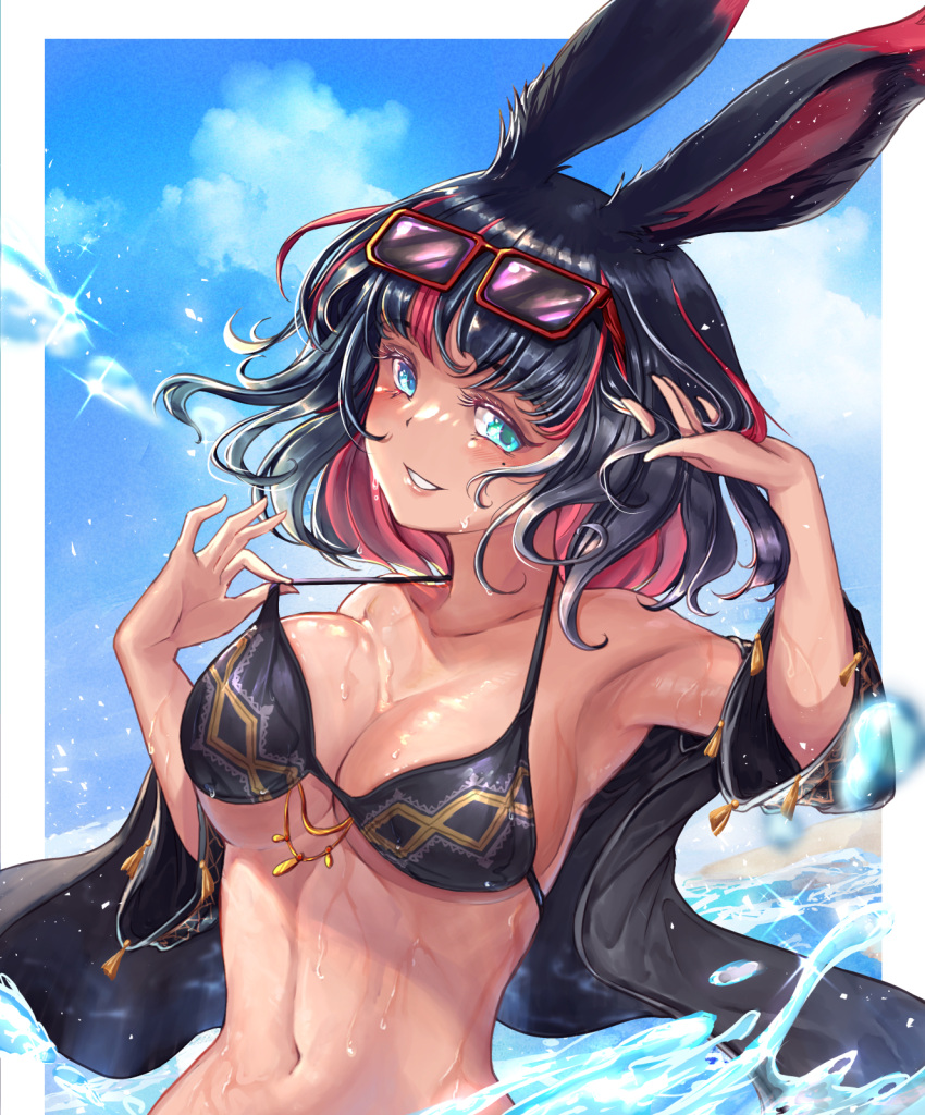 1girl animal_ears armpits bikini bikini_top_pull black_bikini black_hair black_jacket blue_eyes breasts dark-skinned_female dark_skin eyelashes eyewear_on_head final_fantasy final_fantasy_xiv hand_in_own_hair highres jacket jinkou_tenshi large_breasts lips looking_at_viewer medium_hair midriff multicolored_hair navel pulled_by_self rabbit_ears red-framed_eyewear smile solo splashing streaked_hair sunglasses swimsuit teeth two-tone_hair upper_body viera warrior_of_light_(ff14) wet wet_clothes wet_swimsuit