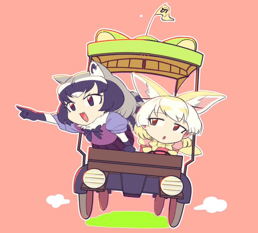 2girls :d animal_ears black_bow black_bowtie black_eyes black_gloves black_hair blonde_hair bow bowtie brown_eyes chibi commentary_request common_raccoon_(kemono_friends) driving expressionless fang fennec_(kemono_friends) flag fox_ears fox_girl full_body gloves golf_cart japari_symbol kemono_friends looking_afar looking_to_the_side medium_bangs multicolored_hair multiple_girls open_mouth parupunte_(nicoseiga51964270) pink_background pleated_skirt pointing puffy_short_sleeves puffy_sleeves purple_shirt purple_skirt purple_vest raccoon_ears raccoon_girl shirt short_hair short_sleeves simple_background skirt smile v-shaped_eyebrows vest white_hair yellow_bow yellow_bowtie