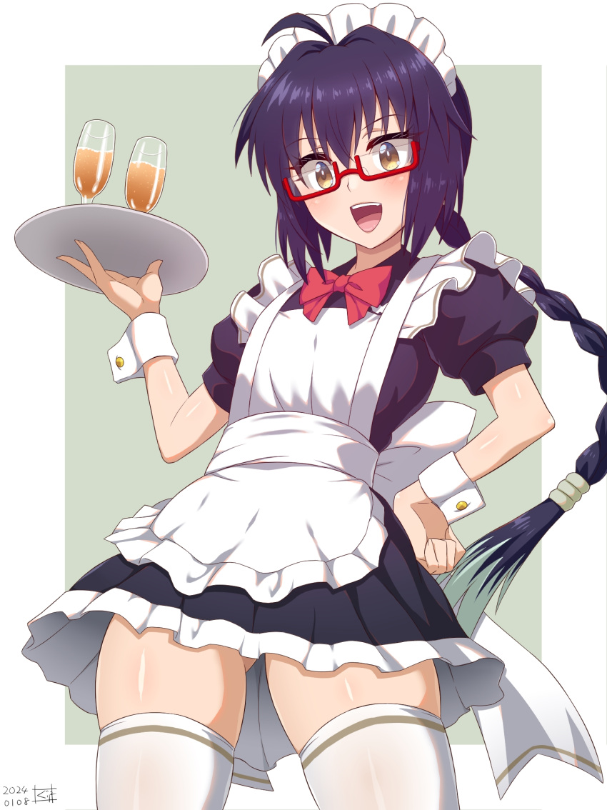 1other ahoge androgynous apron black_dress black_hair bow bowtie braid braided_ponytail brown_eyes cup dress drinking_glass fate/samurai_remnant fate_(series) glasses guriguri_(arayotto4351) highres long_hair looking_at_viewer maid_headdress open_mouth short_sleeves sidelocks smile solo thighhighs thighs tray white_apron white_thighhighs wrist_cuffs yamato_takeru_(fate)