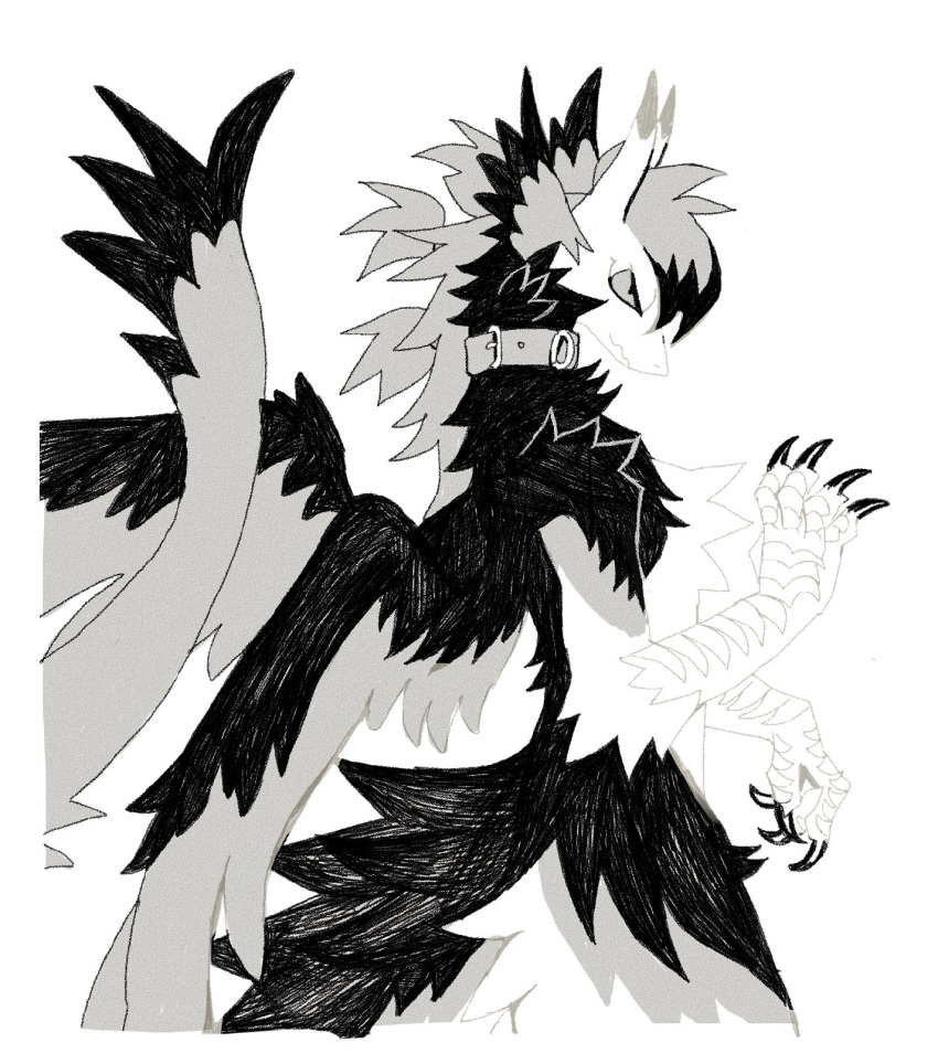 2023 ambiguous_gender anthro arm_tuft black_body black_claws black_feathers black_fur claws collar collar_only digital_media_(artwork) dragon elbow_tuft feathered_dragon feathers fur furred_dragon fursona_(birdpaw) grey_body grey_collar grey_feathers grey_fur greyscale hi_res horn monochrome nude portrait shoulder_tuft simple_background smile solo tail tail_feathers thorn_paw three-quarter_portrait tuft white_background white_body white_feathers white_fur wings