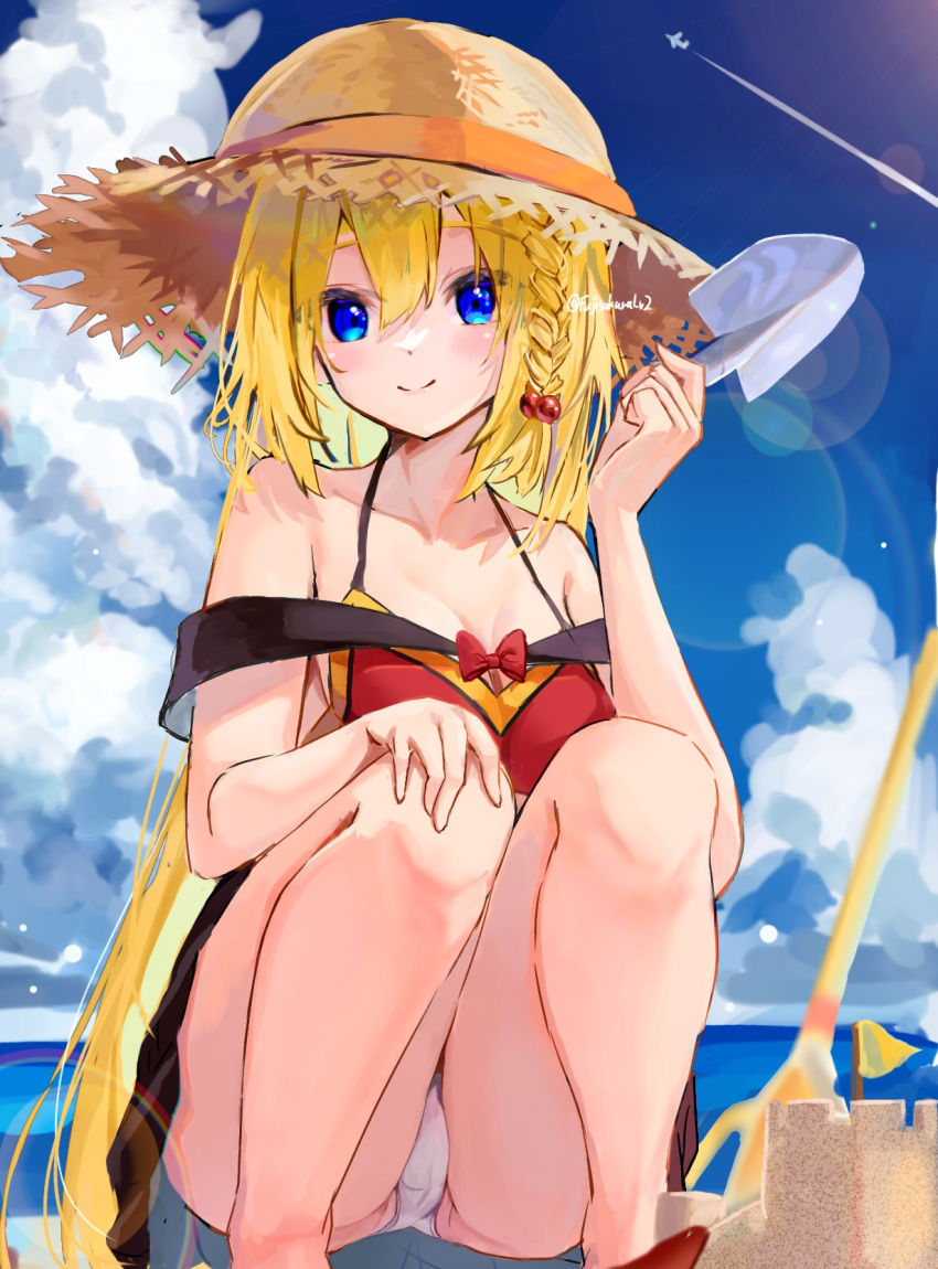 1girl aircraft airplane bare_legs bare_shoulders bikini blonde_hair blue_eyes blue_sky bow bowtie braid breasts cameltoe cleavage closed_mouth cloud collarbone contrail day dot_nose flag fuji_sakura hair_ornament hand_on_own_knee hat highres holding holding_shovel lens_flare light_blush light_particles long_hair looking_at_viewer medium_breasts ocean original outdoors panties pantyshot red_bikini red_bow red_bowtie sand_castle sand_sculpture shovel single_braid sky smile solo squatting straw_hat swimsuit thighs twitter_username underwear white_panties