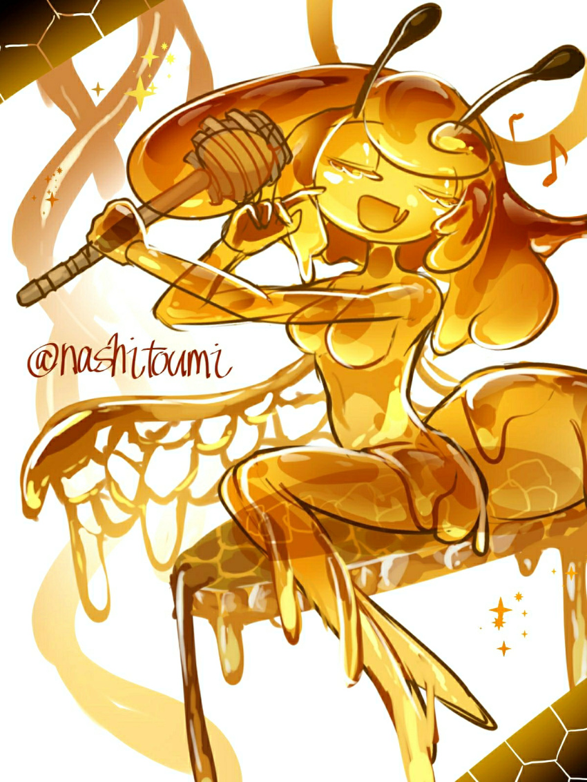 1girl antennae arthropod_girl artist_name breasts closed_eyes commentary_request completely_nude full_body highres honey honey_dipper honeycomb_(pattern) medium_breasts monster_girl music musical_note nashitoumi nude open_mouth orange_hair original signature singing sitting slime_girl solo sparkle wings