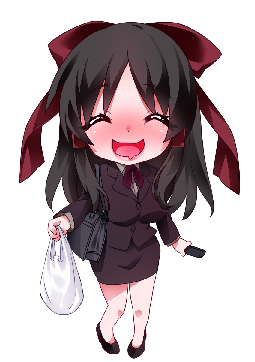 1girl :d ^_^ absurdres bag black_footwear black_hair black_jacket black_skirt blazer blush bow breasts briefcase chibi closed_eyes collared_shirt commentary_request cookie_(touhou) dairi_(20xw4xcge113436) drooling facing_viewer full_body hair_between_eyes hair_bow hair_tubes hakurei_reimu highres holding jacket large_breasts long_hair long_sleeves mouth_drool office_lady open_mouth pencil_skirt plastic_bag red_bow sananana_(cookie) shirt shoes sidelocks simple_background skirt smile solo standing touhou white_background white_shirt