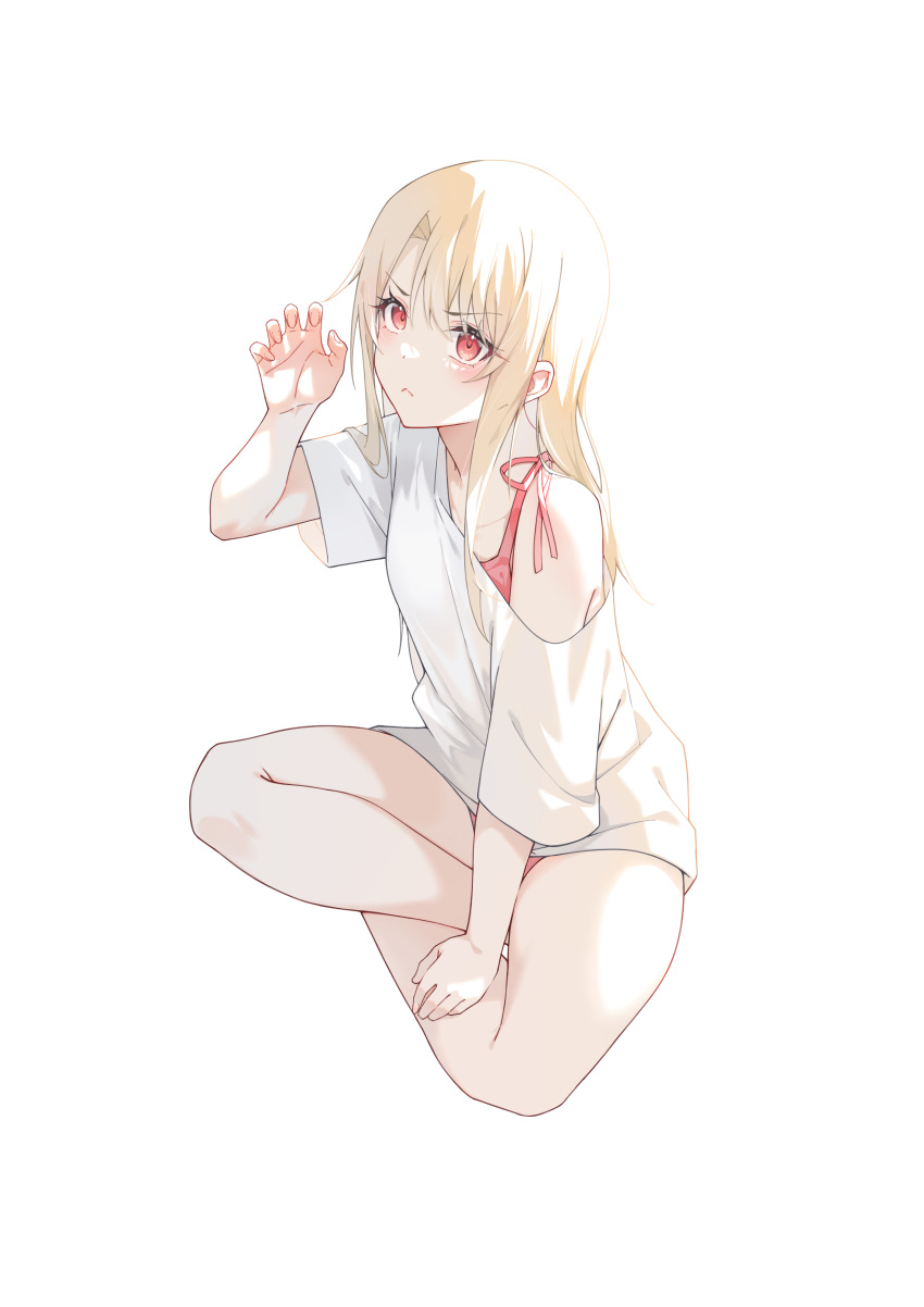 1girl absurdres bare_legs blonde_hair blush breasts crossed_legs fate/kaleid_liner_prisma_illya fate_(series) hair_between_eyes highres illyasviel_von_einzbern long_hair looking_at_viewer luren_dog off_shoulder red_eyes shirt sidelocks simple_background sitting small_breasts solo t-shirt white_background