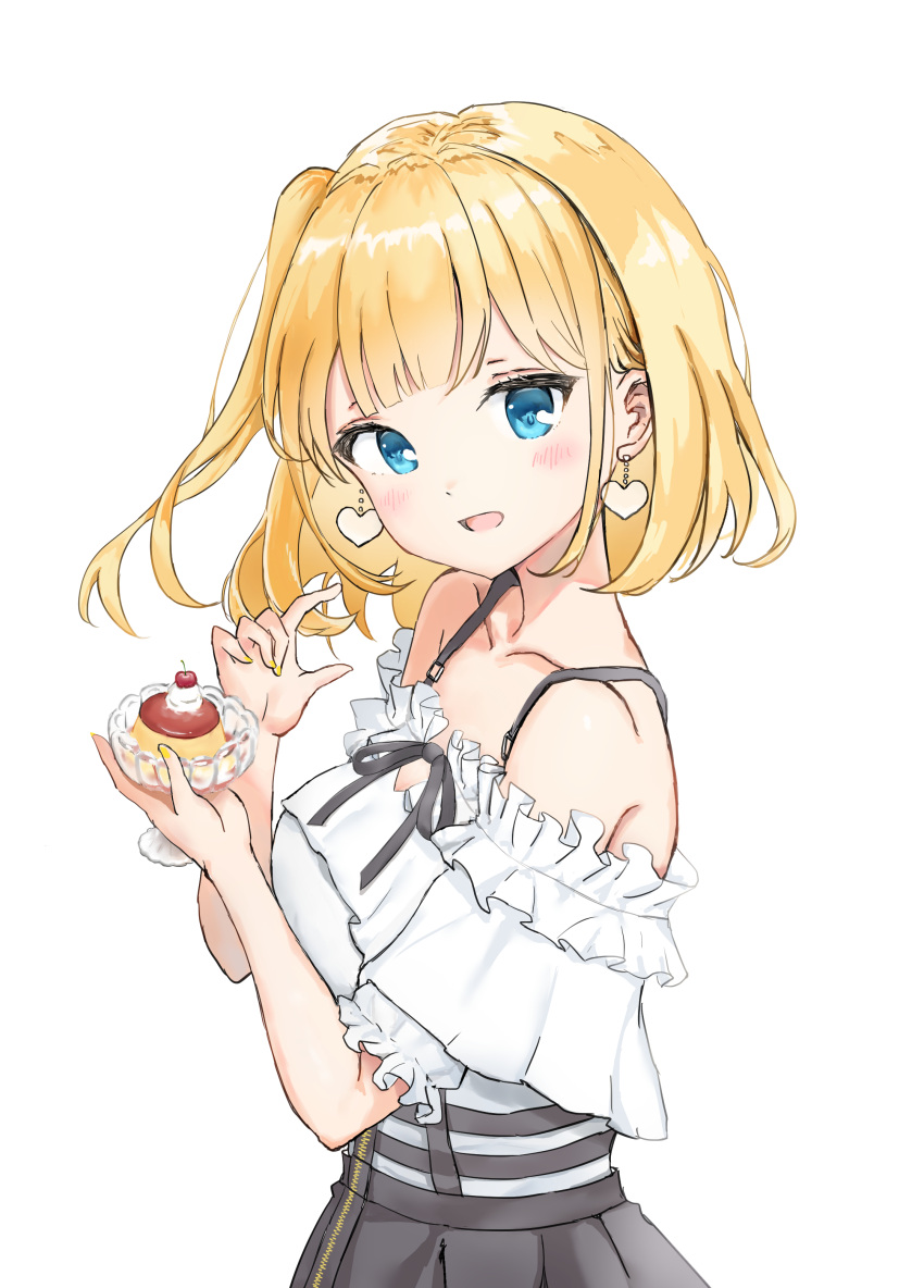 1girl absurdres black_ribbon black_skirt blonde_hair blue_eyes blush bob_cut cherry collarbone cup dress drop_earrings earrings food frilled_dress frills fruit hands_up heart heart_earrings highres holding holding_cup hololive hololive_english jewelry looking_at_viewer open_mouth pudding ribbon short_hair short_sleeves skirt skywalk smile solo virtual_youtuber watson_amelia white_background white_dress yellow_nails