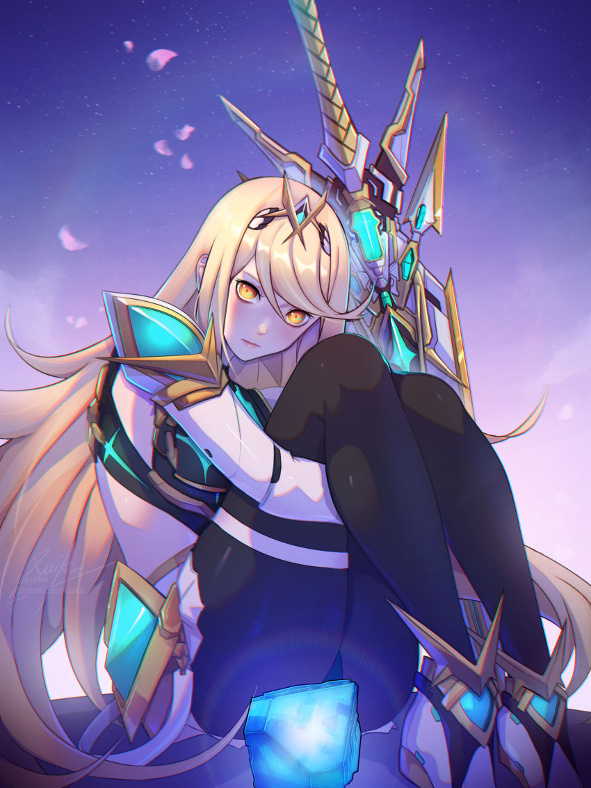 absurdres aegis_sword_(xenoblade) aqua_gemstone backless_dress backless_outfit bare_shoulders black_pantyhose blonde_hair chest_jewel dress drop_earrings earrings elbow_gloves gloves highres jewelry long_hair microdress mythra_(massive_melee)_(xenoblade) mythra_(xenoblade) neon_trim pantyhose sleeveless sleeveless_dress swept_bangs tiara very_long_hair white_dress white_gloves xenoblade_chronicles_(series) xenoblade_chronicles_2 xuuikie_ashe yellow_eyes