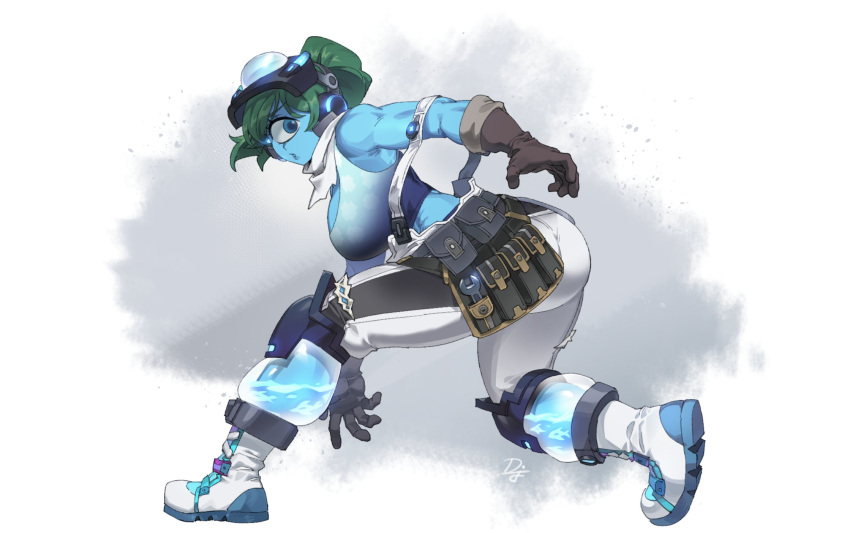 1girl ass belt_pouch blue_eyes blue_lips blue_skin boots breasts brown_gloves colored_skin commission cyclops detached_sleeves difman earpiece full_body gloves goggles goggles_on_head green_hair grey_sports_bra hali_(kabooks) highres knee_pads large_breasts long_hair looking_back mechanic monster_girl muscular muscular_female narrow_waist neckerchief one-eyed original overalls ponytail pouch print_sports_bra running single_detached_sleeve sleeveless solo sports_bra strap_slip tool_belt welding_mask white_footwear white_neckerchief white_overalls wrench