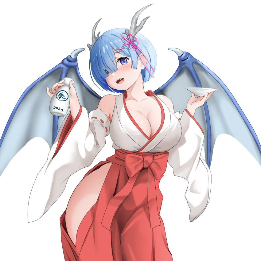 1girl absurdres alternate_costume blue_eyes blue_hair breasts chinese_zodiac cleavage commentary_request commission dragon_girl dragon_wings gibun_(sozoshu) hakama highres japanese_clothes kimono large_breasts looking_at_viewer miko pixiv_commission re:zero_kara_hajimeru_isekai_seikatsu red_hakama rem_(re:zero) solo wings year_of_the_dragon