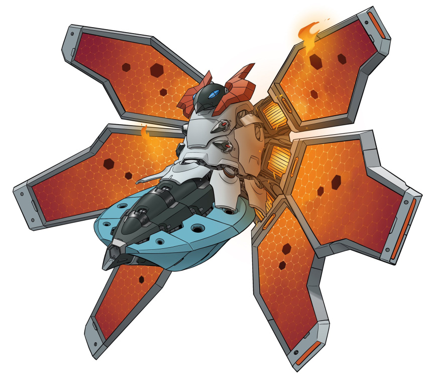 blue_eyes fire flying gifer_art highres joints mecha mecha_focus mechanical_wings mechanization no_humans non-humanoid_robot pokemon pokemon_(creature) robot robot_joints science_fiction simple_background volcarona white_background wings