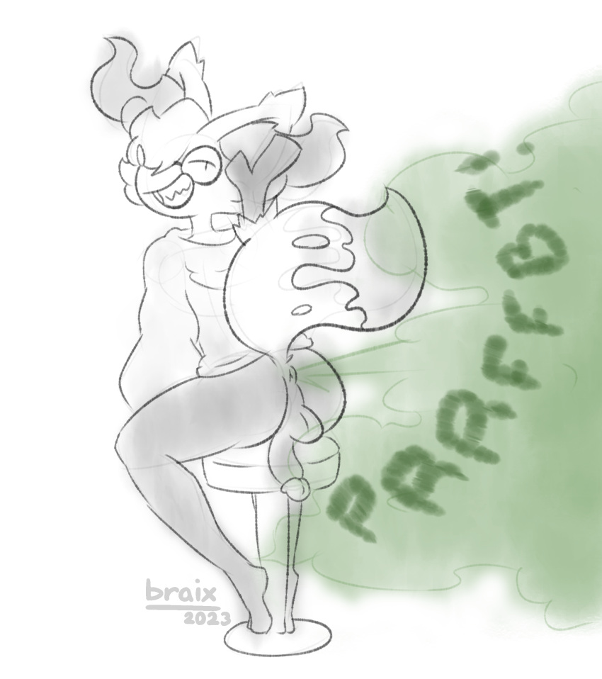 absurd_res anthro anus balls braix7_(artist) braixen butt canid canine cocky eyewear fart fart_cloud fart_fetish fluffy fluffy_tail fox generation_6_pokemon genitals glasses grin hair hair_over_eye head_tuft hi_res humanoid inner_ear_fluff lychee_(braix7) male mammal nintendo one_eye_obstructed onomatopoeia penis pokemon pokemon_(species) sharp_teeth sketch smile solo sound_effects sweatshirt tail teeth text tuft