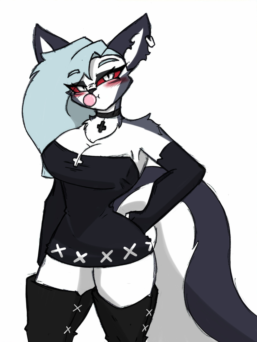 absurd_res anthro big_breasts blush breasts cleavage clothed clothing female goth helluva_boss hi_res loona_(helluva_boss) pace-maker small_waist solo thick_thighs topwear tube_top wide_hips