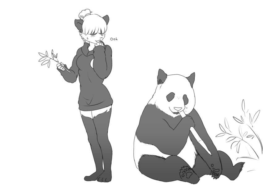 aimi_(sleepysushiroll) anthro bamboo bamboo_stick bear black_and_white blush clothing duo eating eating_food female feral giant_panda hi_res hoodie jealous mammal monochrome sitting standing topwear torotale