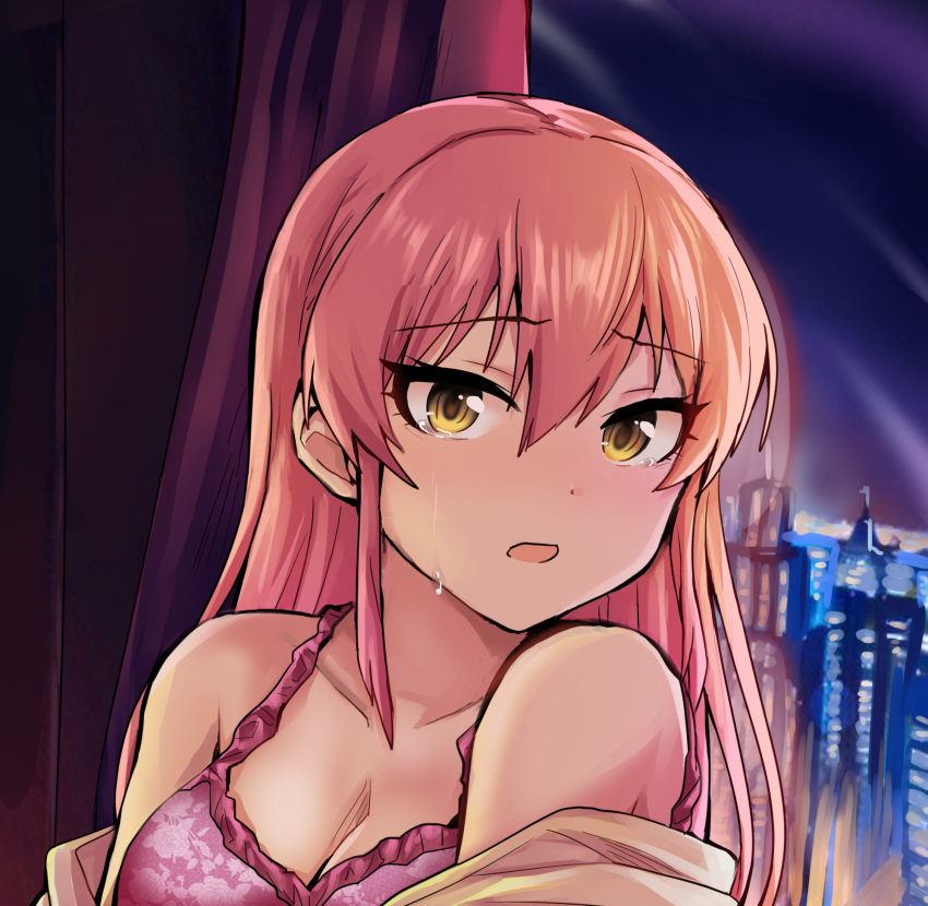 1girl alternate_hairstyle bare_shoulders blush bra breasts building cityscape cleavage collarbone curtains dot_nose hair_between_eyes highres idolmaster idolmaster_cinderella_girls idolmaster_cinderella_girls_starlight_stage indoors jougasaki_mika koubashiifuna long_hair looking_at_viewer medium_breasts night off_shoulder open_mouth pink_hair purple_bra shirt solo teardrop underwear upper_body window yellow_eyes yellow_shirt