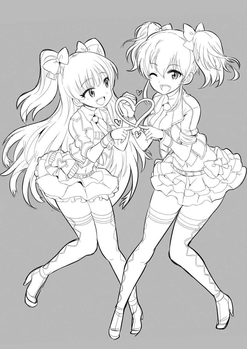 2girls absurdres boots bow breasts full_body greyscale hair_between_eyes hair_bow hair_ribbon hands_up heart high_heels highres holding_hands idolmaster idolmaster_cinderella_girls idolmaster_cinderella_girls_starlight_stage index_finger_raised interlocked_fingers jougasaki_mika jougasaki_rika kitsune_choukan layered_skirt long_hair looking_at_another looking_at_viewer medium_breasts miniskirt monochrome multiple_girls navel necktie one_eye_closed open_mouth pigeon-toed ribbon shirt short_sleeves siblings sisters skirt small_breasts smile standing teeth thigh_boots twintails two_side_up upper_teeth_only wrist_cuffs