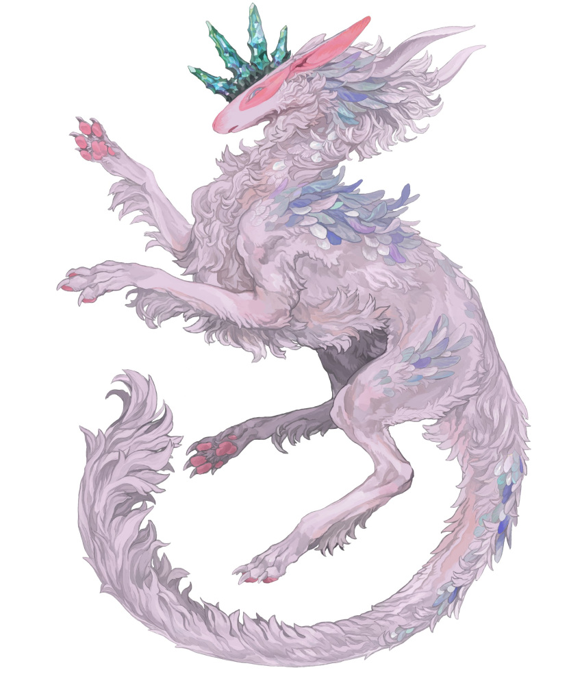 absurdres animal_focus aokarasu_punko blue_eyes commentary creature from_above full_body highres horns looking_at_viewer lying multiple_horns no_humans on_side open_mouth original pawpads pink_eyes simple_background tail two-tone_eyes white_background