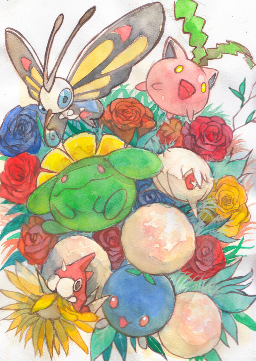 :d beautifly blue_flower bug commentary_request flower gara_(qbeuxvii22) highres hoppip jumpluff no_humans open_mouth orange_flower painting_(medium) pokemon pokemon_(creature) red_flower silcoon skiploom smile tongue traditional_media watercolor_(medium) white_background wurmple yellow_eyes yellow_flower