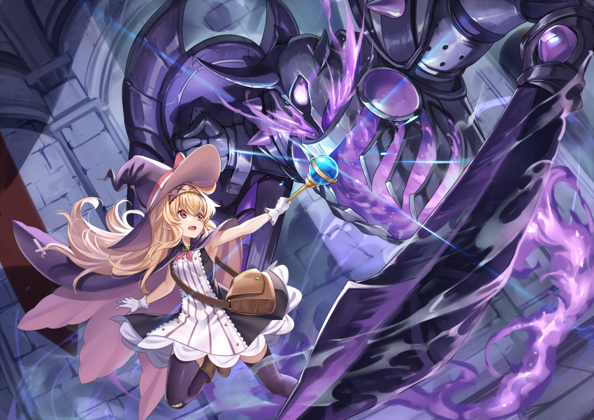 1girl bag bandaid bandaid_on_knee bandaid_on_leg blonde_hair boots breasts brown_footwear cape dress fighting full_body gloves glowing hair_between_eyes hairband hat highres holding holding_staff holding_weapon indoors little_witch_nobeta monster nobeta official_art open_mouth purple_thighhighs red_eyes red_hairband shoulder_bag sleeveless sleeveless_dress small_breasts staff striped striped_dress thighhighs vertical-striped_dress vertical_stripes weapon white_gloves witch witch_hat