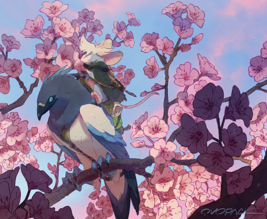 animal animal_focus artist_name backpack bag bird blue_eyes blue_sky branch cherry_blossoms cloak closed_eyes commentary day flower green_cloak highres mouse murayama_ryouta no_humans original outdoors perching pink_flower riding riding_animal riding_bird signature sitting sky smelling_flower talons