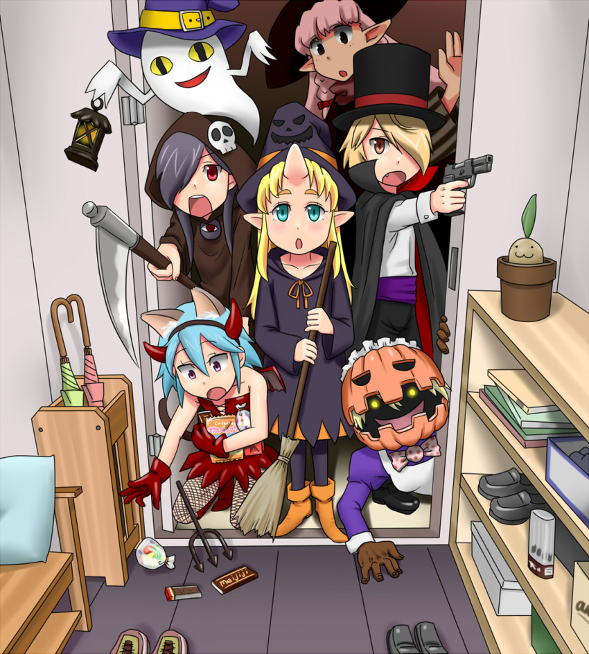 &lt;|&gt;_&lt;|&gt; 6+girls :3 :d :o animal_ears aqua_eyes backbeako backbeard bare_shoulders black_cape black_footwear black_hair black_headwear black_pants blonde_hair blue_hair book borrowed_character bow bowtie box braid breasts broom brown_eyes brown_gloves brown_robe candy cape cat_ears cat_tail character_request check_gender chibi_yami child chocolate chocolate_bar collarbone cosplay death_(entity) doorway dress fake_horns fang finger_on_trigger fishnet_pantyhose fishnets food futaba_channel gegege_no_kitarou ghost gloves glowing glowing_eyes grim_reaper grim_reaper_(cosplay) gun hair_between_eyes hair_over_one_eye halloween halloween_costume handgun hat highres himewe holding holding_broom holding_gun holding_lantern holding_scythe holding_weapon hooded_robe horn_hairband horns indoors jack-o'-lantern kirin_(nijiura_maids) kneeling lantern long_hair long_sleeves looking_at_viewer maid_headdress multiple_girls nijiura_maids open_door open_mouth orange_footwear original pants pantyhose pink_bow pink_bowtie pink_hair pitchfork plant pointing_gun pointy_ears potted_plant puffy_long_sleeves puffy_sleeves purple_dress purple_eyes purple_headwear purple_robe red_cape red_dress red_eyes red_footwear red_horns red_wings robe scythe shelf shirt shoes short_hair single_horn skin-covered_horns skull slit_pupils small_breasts smile standing tail teeth top_hat transparent_bag trick_or_treat two-sided_cape two-sided_fabric umbrella umbrella_stand unworn_shoes upper_teeth_only weapon white_shirt wings witch_hat yellow_eyes