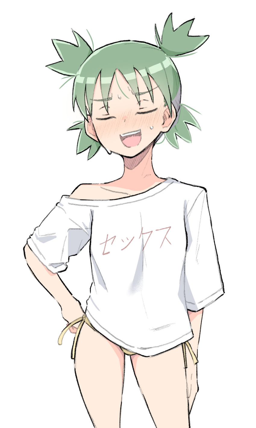 1girl absurdres blush closed_eyes clothes_writing green_hair hand_on_own_hip highres koiwai_yotsuba open_mouth panties quad_tails shirt short_hair short_sleeves side-tie_panties simple_background solo sweat t-shirt underwear white_background yotsubato! zlix0n