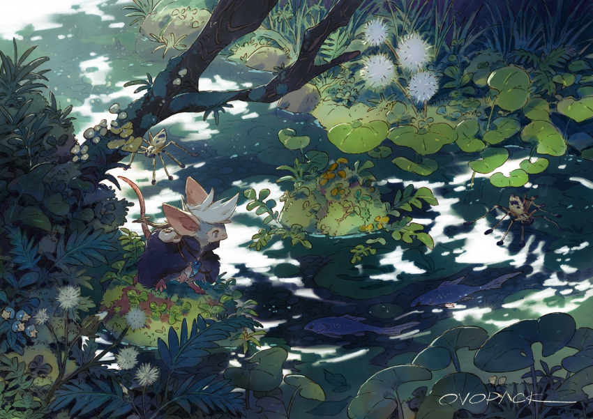 1other animal artist_name black_cloak blue_eyes bug cloak clothed_animal commentary day fish foliage forest from_above grass highres jewelry landscape lily_pad moss mouse murayama_ryouta nature no_humans original outdoors pendant plant scenery signature spider standing stream water weapon weapon_on_back white_hair