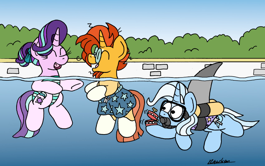 bobthedalek clothing diving_mask equid equine eyewear female friendship_is_magic glasses hasbro hi_res horn male mammal mask my_little_pony scuba_gear shark_fin starlight_glimmer_(mlp) sunburst_(mlp) swimwear trixie_(mlp) underwater unicorn water