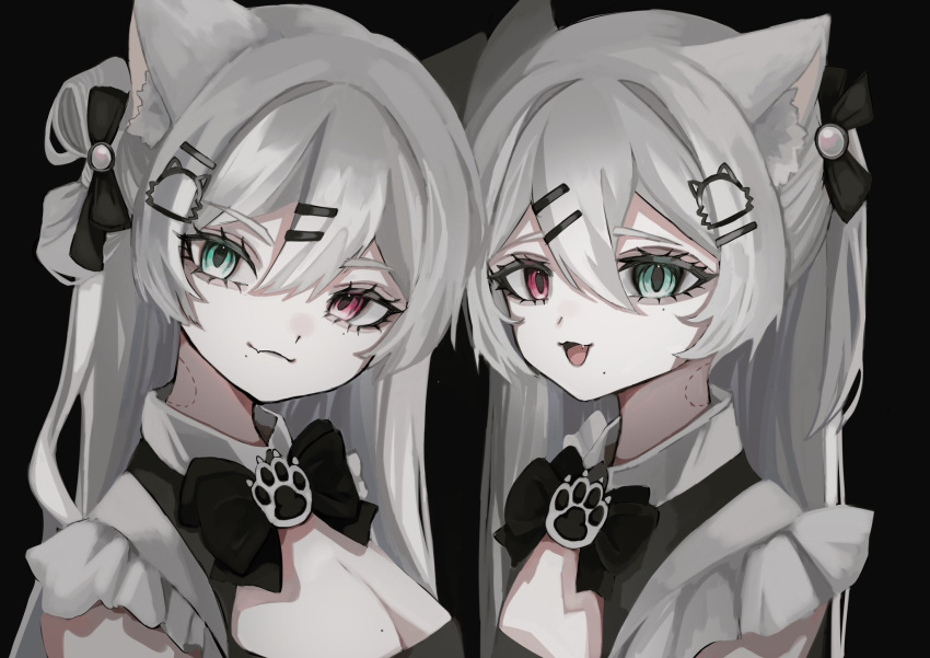 2girls animal_ear_fluff animal_ears bite_mark bite_mark_on_neck black_background black_bow black_bowtie black_ribbon bow bowtie breasts cat_ears cat_girl cat_hair_ornament cleavage cleavage_cutout closed_mouth clothing_cutout fang fang_out frills green_eyes grey_hair hair_between_eyes hair_ornament hair_ribbon hairclip heterochromia highres long_hair looking_at_viewer matching_hairstyle matching_outfits multiple_girls one_side_up open_mouth original paw_ornament paw_print red_eyes ribbon shiona_(siona0625) simple_background smile upper_body