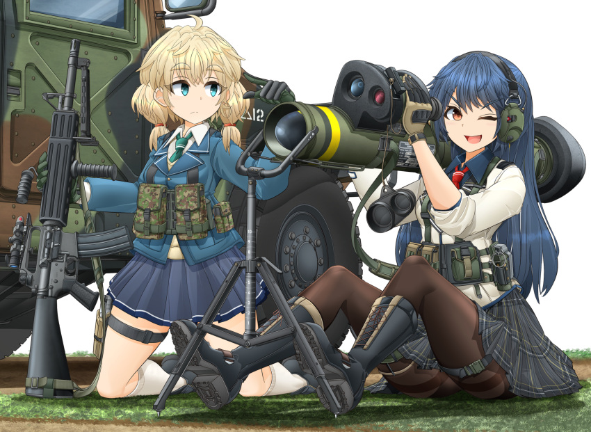 2girls absurdres anti-tank_missile assault_rifle black_footwear black_pantyhose blazer blonde_hair blue_eyes blue_hair blue_jacket blue_shirt blue_skirt boots brown_sweater closed_mouth combat_boots commentary_request cross-laced_footwear dress_shirt explosive frown green_necktie grenade gun hair_tie harness headphones highres holding holding_weapon hummer jacket kneehighs kneeling lace-up_boots long_hair long_sleeves looking_at_another looking_at_viewer low_twintails m16 m47_dragon medium_hair mikeran_(mikelan) miniskirt motor_vehicle multiple_girls necktie on_ground on_shoulder one_eye_closed open_mouth orange_eyes original pantyhose plaid plaid_skirt pleated_skirt pointing red_necktie rifle school_uniform shadow shirt shoes sitting skirt sleeves_rolled_up smile socks sweater thigh_strap thighband_pantyhose tripod twintails v-neck weapon white_background white_jacket white_shirt white_socks wing_collar