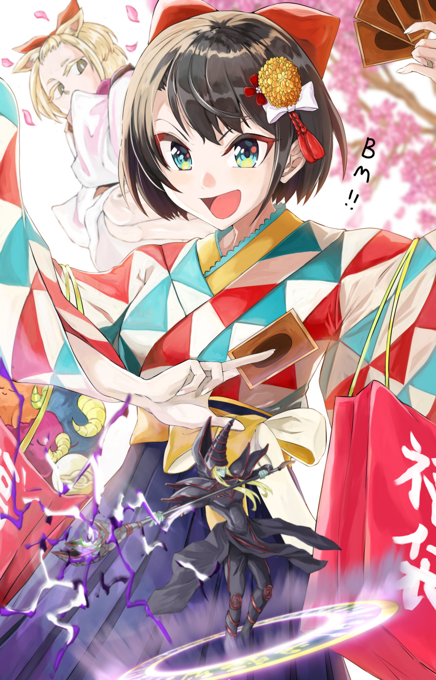 2girls ash_blossom_&amp;_joyous_spring blonde_hair blue_eyes blue_hakama brown_hair card checkered_clothes checkered_kimono duel_monster hakama highres holding holding_card hololive japanese_clothes kimono looking_at_viewer multiple_girls official_alternate_costume oozora_subaru oozora_subaru_(new_year) open_mouth playing_card short_hair smile takusan-kita virtual_youtuber yu-gi-oh!