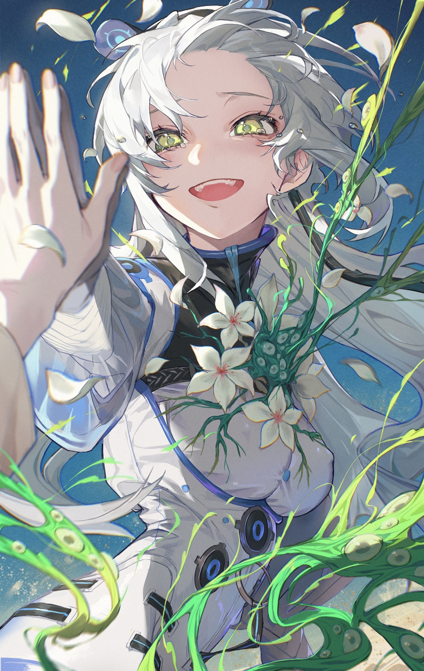 1girl breasts comiket comiket_103 crying flower green_eyes happy_tears highres holding_hands long_hair looking_at_viewer open_mouth original petals pov solo soono_(rlagpfl) tears white_hair