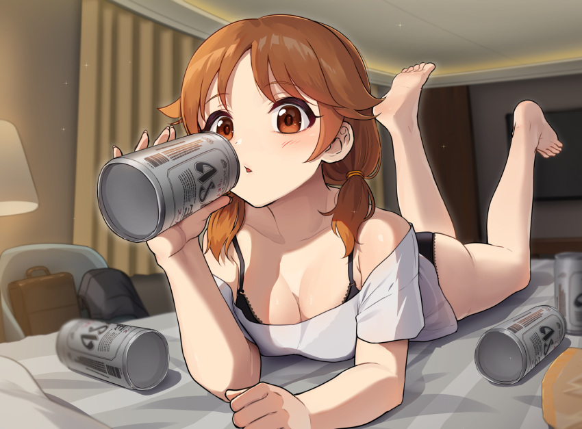 1girl alcohol ass bare_shoulders barefoot beer beer_can black_bra black_panties bra bra_strap breasts brown_eyes brown_hair can cleavage collarbone commentary drink_can feet feet_up hair_over_shoulder highres idolmaster idolmaster_cinderella_girls indoors kamille_(vcx68) katagiri_sanae legs lying medium_breasts off-shoulder_shirt off_shoulder on_stomach open_mouth panties revision shirt soles solo toes twintails underwear