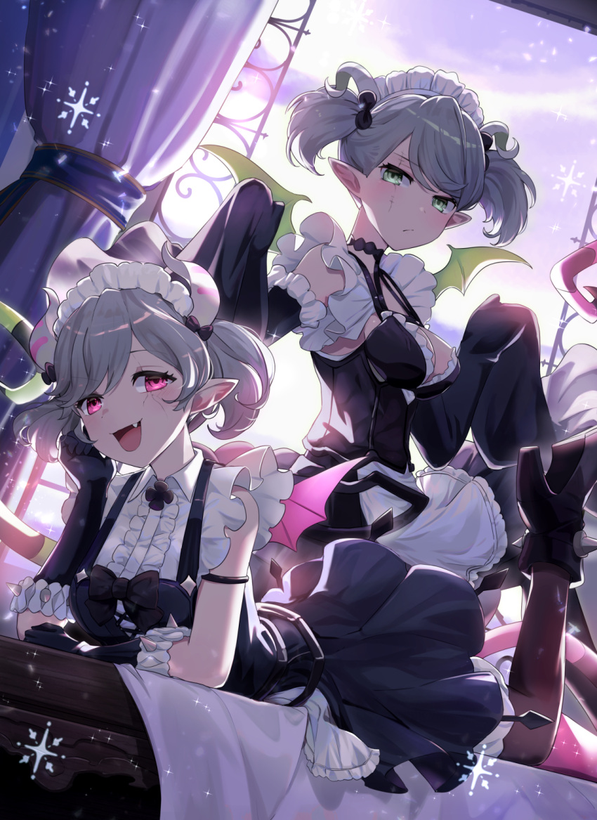 2girls bare_shoulders cracked_skin curtains demon_girl demon_horns demon_tail demon_wings detached_sleeves dress duel_monster gloves green_eyes grey_hair hand_up hands_up head_rest high_heels highres horns hsin labrynth_servant_arianna labrynth_servant_arianne leg_up long_sleeves lying maid maid_headdress multiple_girls on_stomach open_mouth pantyhose pink_eyes scar scar_across_eye short_twintails sleeves_past_fingers sleeves_past_wrists stitches tail twintails wide_sleeves wings yu-gi-oh!