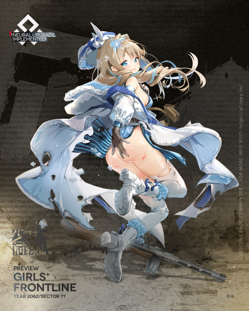 1girl artist_request ass bangs black_gloves blonde_hair blue_dress blue_eyes blue_hairband blush boots breasts character_name coat copyright_name dress english_text eyebrows_visible_through_hair full_body girls'_frontline gloves gun hair_ribbon hairband hand_on_own_chest highres hooded_coat long_hair looking_to_the_side mod3_(girls'_frontline) no_panties official_art open_clothes open_coat open_mouth promotional_art ribbon sideboob small_breasts solo standing standing_on_one_leg submachine_gun suomi_(girls'_frontline) suomi_kp/-31 thighhighs thighs torn_clothes torn_coat torn_dress torn_legwear weapon weapon_removed white_coat white_footwear white_headwear white_legwear winter_clothes winter_coat